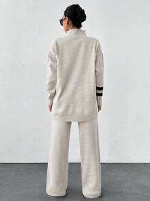 EURMUSE Striped Pattern Mock Neck Sweater & Knit Pants - Grey - View 2