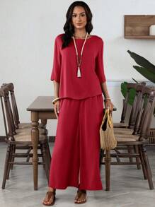 EMERY ROSE 2pcs/Set Women's Elegant Solid Color Crew Neck Mid-Sleeve Green Wide-Leg Pants Set - Burgundy - View 4