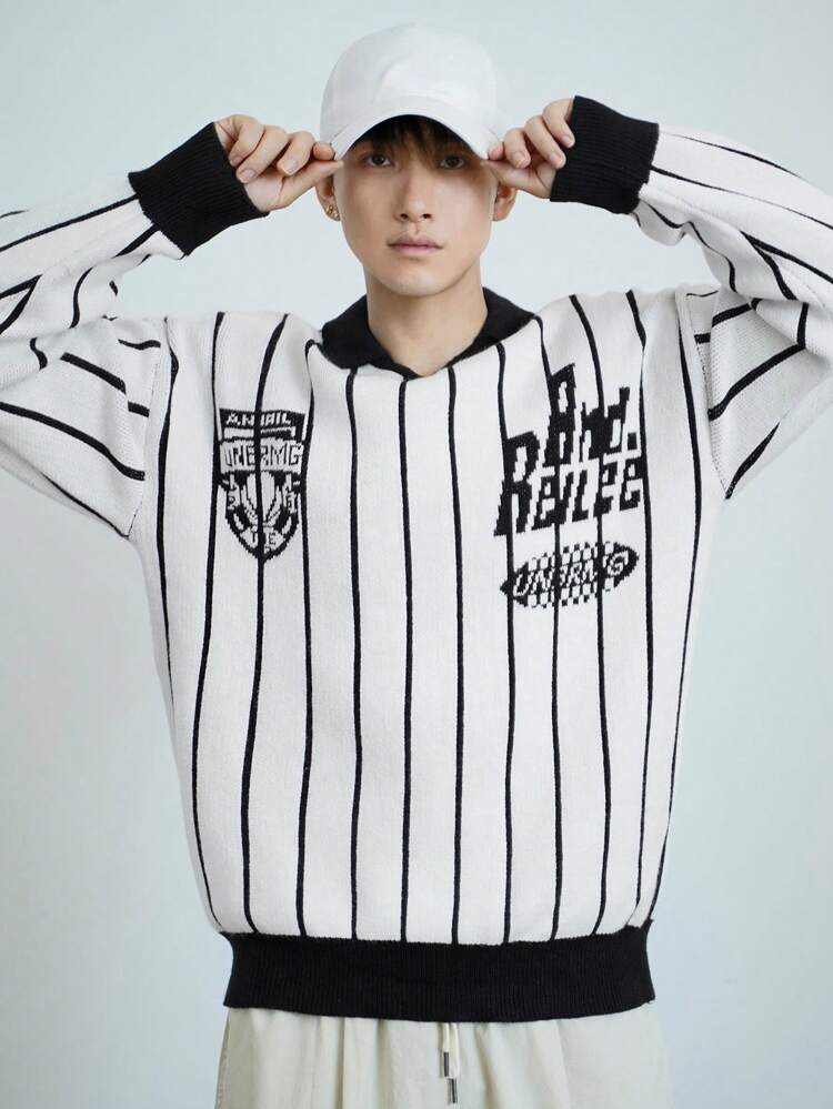 Men's Letter Pattern Striped Polo Collar Long Sleeve Knitted Sweater, Casual Autumn Business Attire