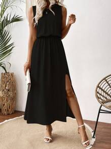 Chiquease Solid Split Thigh Long Dress For Summer Vacation - Black - View 3