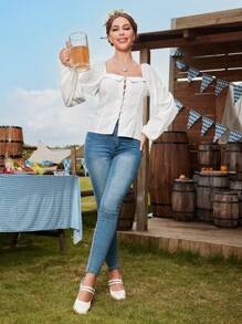 Chiquease 纯色前扣长袖简约休闲衬衫 - 白色 - 查看 4