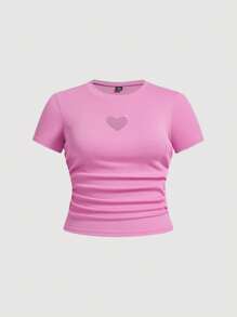 SHEIN MOD Camiseta corta con corazón hueco en el frente para mujeres de talla grande - Rosa Fucsia - Ver 1