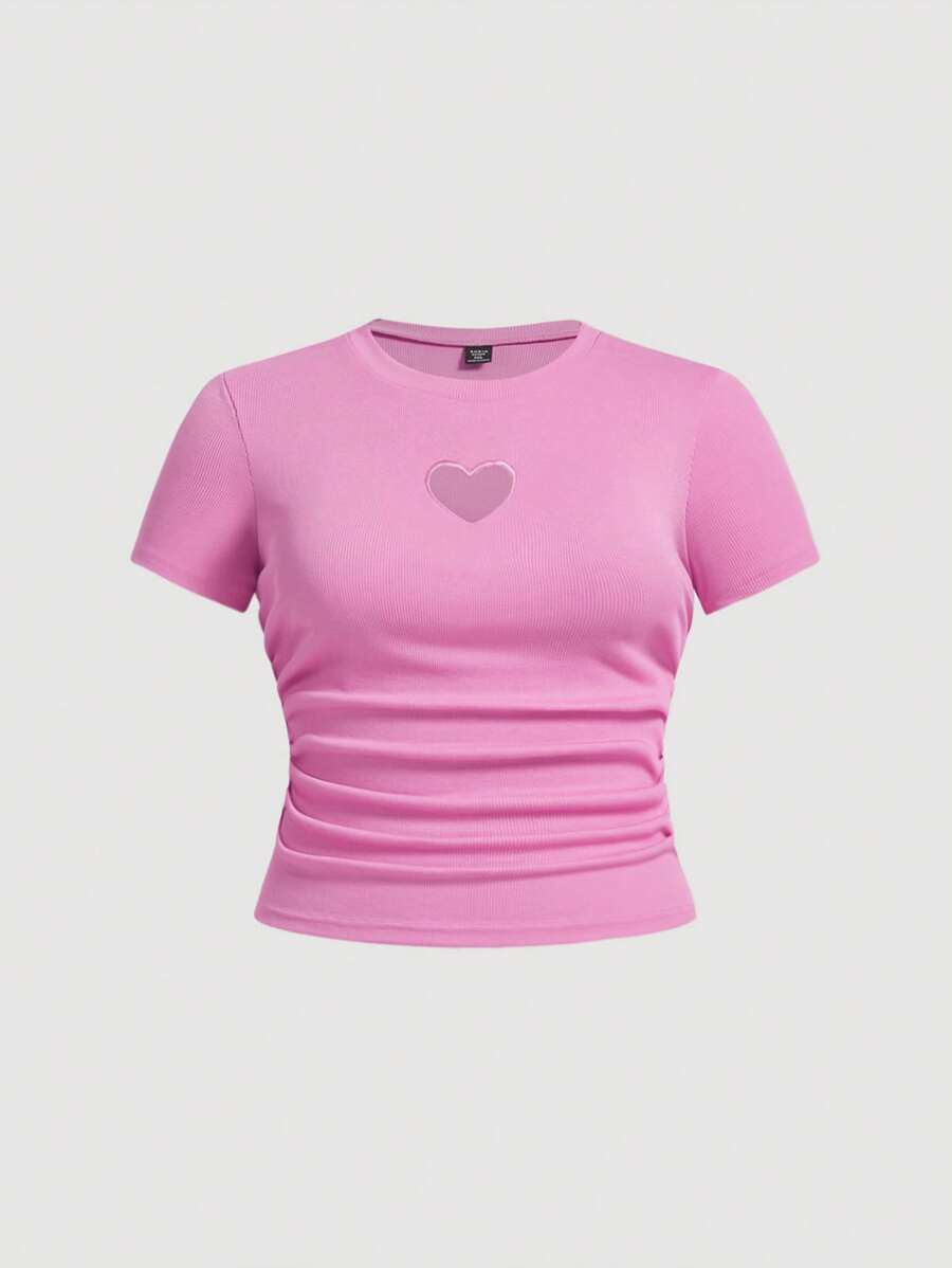 SHEIN MOD Camiseta corta con corazón hueco en el frente para mujeres de talla grande - Rosa Fucsia - Ver 1
