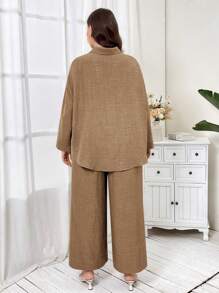 Mulvari 2 piezas Conjunto casual holgado de camisa de manga larga de hombros caídos y pantalones de unicolor para mujer talla grande, primavera y otoño