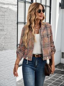 SHEIN LUNE Chaqueta de mujer casual con cordón vintage clásica a cuadros de 4 temporadas