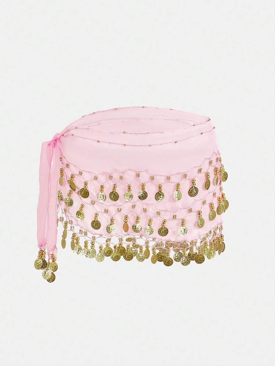 SHEIN SXY 1條女士SXY流蘇腰帶，閃閃發光的金屬飾品，適合度假 - 粉色 - 查看 1