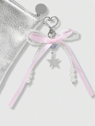 Kawaii Llavero hecho a mano con estilo coreano lindo y fresco con perlas, moño rosado de cinta y colgante en forma de corazón hueco y estrella para bolsos, adecuado como regalos diarios o de festival para mujeres y niñas