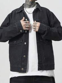 Manfinity Hypemode 男士休闲宽松牛仔夹克，春秋 - 黑色 - 查看 6