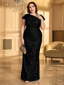 UNITHORSE 大码亮片褶皱不对称领口正式礼服派对礼服婚礼宾客礼服晚礼服新娘礼服生日女士服装毕业礼服晚礼服春季优雅黑色 - 黑色 - 查看 3