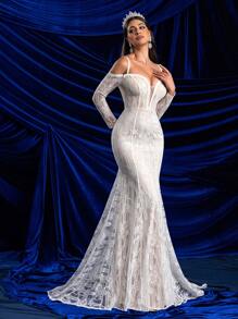 Glamrae 优雅迷人的白色对比香槟色 V 领露肩透视长袖喇叭弹力蕾丝性感露背美人鱼下摆廓形连衣裙适合婚礼、派对、节日和毕业典礼