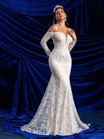 Glamrae Elegantes und glamouröses Kleid mit weißen Kontrasten, Champagner-V-Ausschnitt, Off-Shoulder Ausschnitt, durchsichtigen Ärmeln, ausgestelltem Saum, dehnbarer Spitze, sexy rückenfreiem Design und Meerjungfrau-Silhouette. Geeignet für Hochzeiten, Partys, Ferien und Abschlussveranstaltungen
