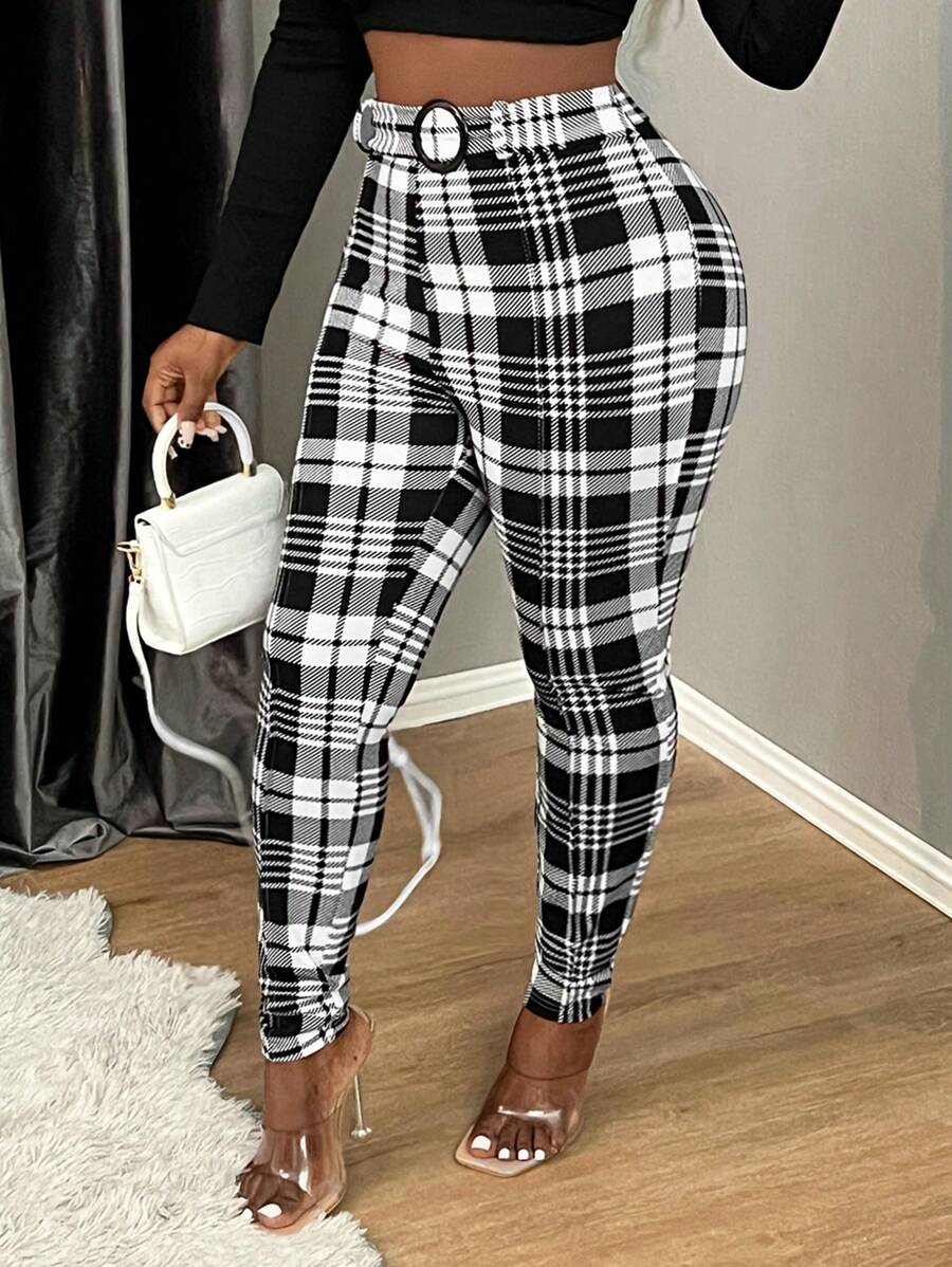 SHEIN SXY Women's Plaid High Waist Slim Leg Pants, Casual Daily Wear High Waisted Pants