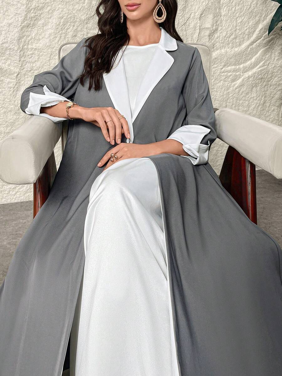 Al Najma Women's Contrast Color Blazer Collar Long Sleeve Pleated Loose Arabian Robe Abaya - Dark Grey - View 1