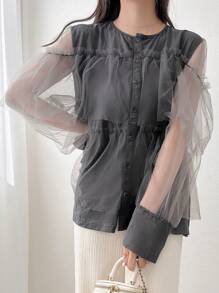 FRIFUL 女式宽松圆领长袖网眼撞色 T 恤，春夏 T 恤，秋季女装 - 灰色 - 查看 4