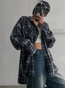 DAZY 女式宽松格子印花落肩长袖休闲衬衫，春秋装，返校服，法兰绒女装 - 藍色 - 查看 7