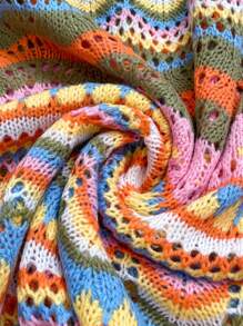 SHEIN CURVE+ 假日撞色镂空针织大码套头衫