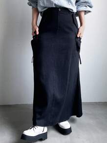 FRIFUL Women's Solid Color Pocket Casual A-Line Skirt - Green - View 10