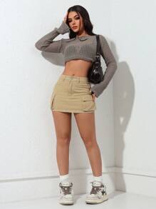 SHEIN PETITE Women's Casual Denim Cargo Pocket Skirt Y2k - Khaki - View 5