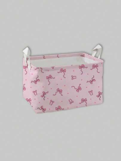 Kawaii 1 pezzo Cestello portabiancheria con stampa a fiocco su sfondo rosa, adatto per camera da letto, soggiorno, bagno