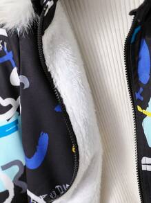 SHEIN Áo khoác trùm đầu rộng rãi cho bé trai có in họa tiết kỹ thuật số Graffiti, phong cách đường phố cho du lịch và mặc hàng ngày, mùa đông - màu đen - Xem 6