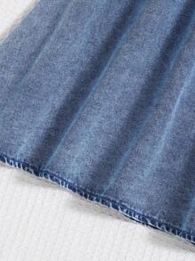 SHEIN 少女水洗褶皱腰部蝴蝶结纽扣A字牛仔裙，秋季返校季 - 中等水洗藍 - 查看 5