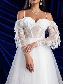 Glamrae Elegante vestido de novia de manga larga con hombros descubiertos y escote transparente, con boning en forma de espina de pescado, encaje floral y falda amplia de tul en línea A, adecuado para bodas, fiestas y vacaciones - Blanco - Ver 3