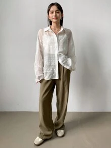 FRIFUL 女士纯色不对称透明蕾丝长袖衬衫、长袖上衣