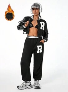 SHEIN EZwear Women's Fall Letter Graphic Striped Trim Crop Varsity Pu Contrast Jacket & Sweatpants Two Pieces Outfits - Black - View 1
