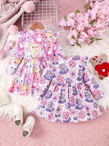 2 pièces/set Robe à imprimé de bande dessinée amusante pour bébé filles et tenue décontractée assortie pour sœur, automne/hiver