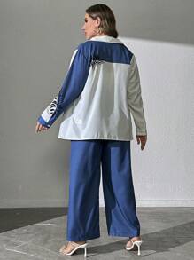 Mulvari Plus Size Spring/Fall Casual Contrast Color Spliced Long Sleeve Shirt And Pants Set