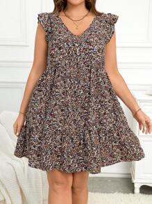 SHEIN LUNE Plus Size V-Neck Ditsy Floral Casual Dress With Ruffle Sleeves, Resort Wear