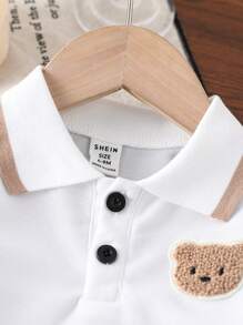 SHEIN Bluzka z misiem dla dziewczynki z długim rękawem i jednokolorową spódnicą - Kolor khaki - Zobacz 7