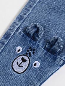 Pantalones vaqueros de otoño/primavera para bebés niños con diseño de orejas de oso y parches en las rodillas - Azul lavado medio - Ver 4