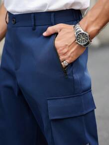 Manfinity Homme 男士纽扣腰带口袋休闲户外运动时尚短裤 - 藏蓝色 - 查看 6