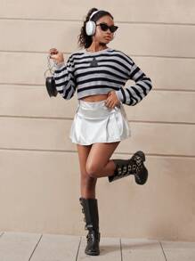 SHEIN Explorewe Teen Girl Star & Stripe Pattern Round Neck Dropped Shoulder Long Sleeve Cropped Casual Sweater, Spring & Autumn - Grey - View 6