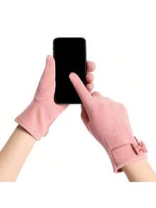 Cute Fashionable Women's Deerskin Knitted Touch Screen Gloves With Thermal Lined, Autumn& Winter, Warm & Windproof Bow Valentine's Day - Black - View 5