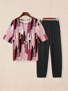 INAWLY 2pcs Women Full Print Crew Neck Top And Solid Color Pants Summer Casual Suits - Black - View 1