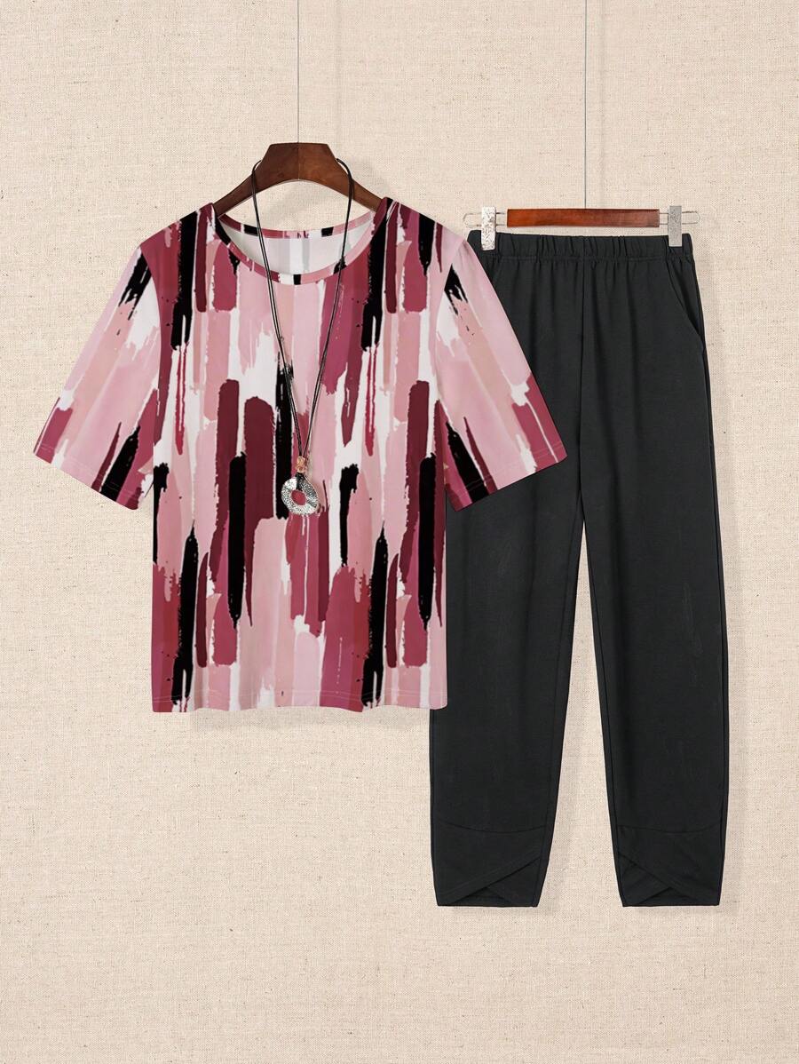 INAWLY 2pcs Women Full Print Crew Neck Top And Solid Color Pants Summer Casual Suits - Black - View 1