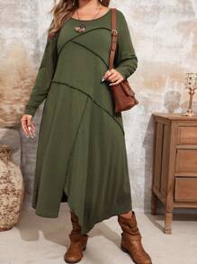EMERY ROSE Robe d'automne mode confortable à col rond manches longues coupe ajustée - Vert - Voir 3