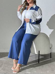 Mulvari Plus Size Spring/Fall Casual Contrast Color Spliced Long Sleeve Shirt And Pants Set