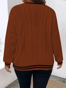 Calvaya Plus Size Casual Colorblock Striped Cardigan, Spring/Fall - Brown - View 2