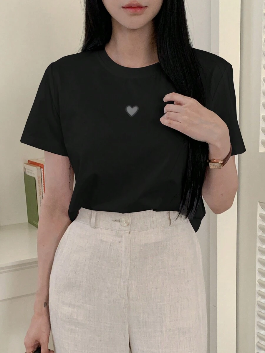 DAZY 女士夏季休闲心形图案短袖黑色 T 恤 - 黑色 - 查看 1