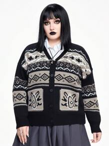 ROMWE Academia Plus Size Retro Black & Gray Jacquard Patterned Cardigan - Black - View 1