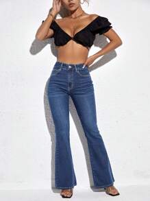 SHEIN PETITE Plain Color Denim Pants With Pockets And Button Closure - Medium Wash - View 3