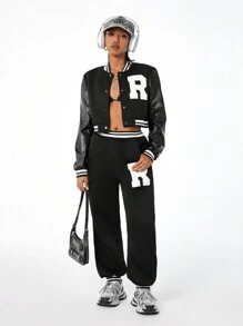 SHEIN EZwear Women's Fall Letter Graphic Striped Trim Crop Varsity Pu Contrast Jacket & Sweatpants Two Pieces Outfits - Black - View 4