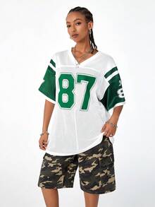 SHEIN EZwear Camiseta de fútbol de estilo "blokecore" para mujer, con bloque de color e impresión digital transpirable - Multicolor - Ver 3