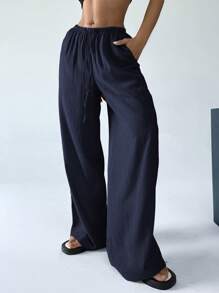 SHEIN EZwear 女式纯色抽绳口袋阔腿休闲飘逸裤 - 藏蓝色 - 查看 4