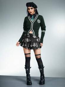 Harry Potter | ROMWE Slytherin House Contrast Piping Cardigan For Women - Dark Green - View 1