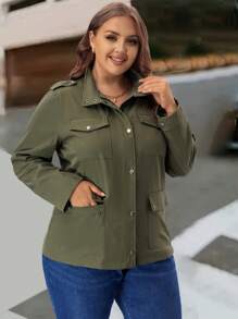 EMERY ROSE Plus Size Women's Zip-Up Front Pocket Military Green Cargo Jacket,Fall Clothes