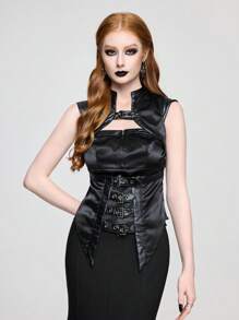 ROMWE Goth Top sin mangas de unicolor con escote espalda descubierta, de satén, ojetes y estilo gótico retro sexy, para mujer